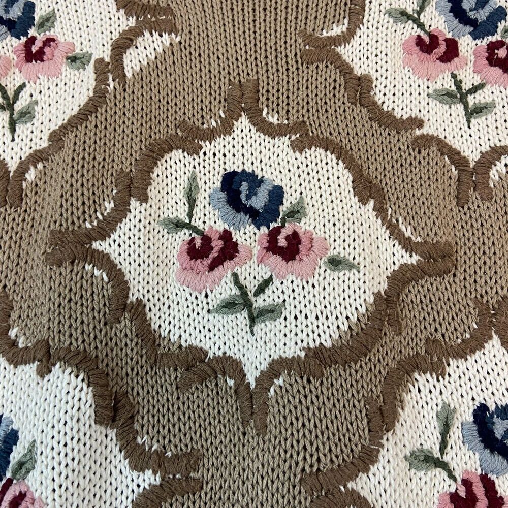 Vintage-Inspired Floral Knit Crewneck Sweater - Beige - Picture 2 of 6